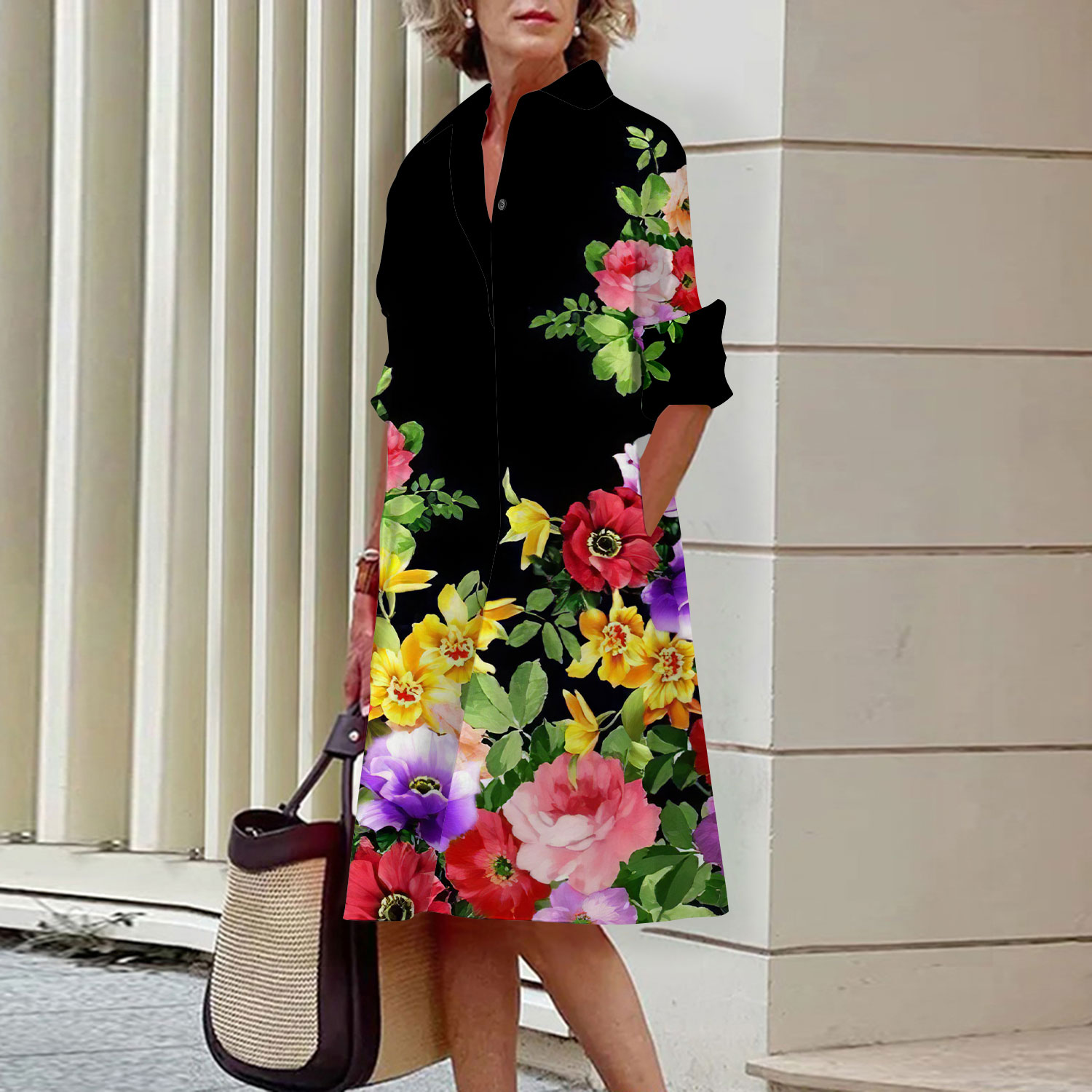 Midi Skirt Floral - Платье-рубашка с цветочным узором, элегантное женское